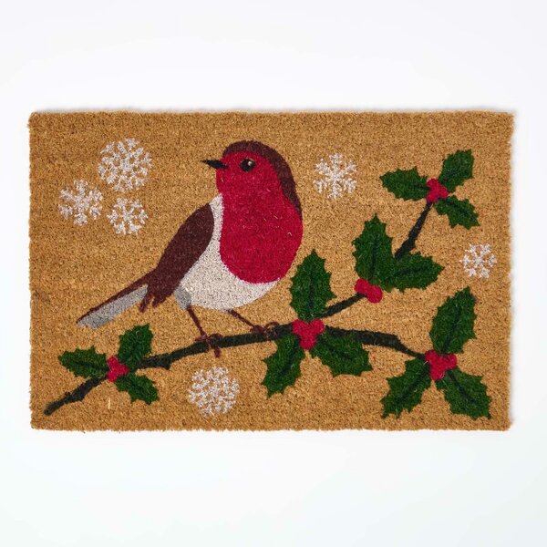 Homescapes Coir Doormat Christmas Robin, 40 x 60 cm