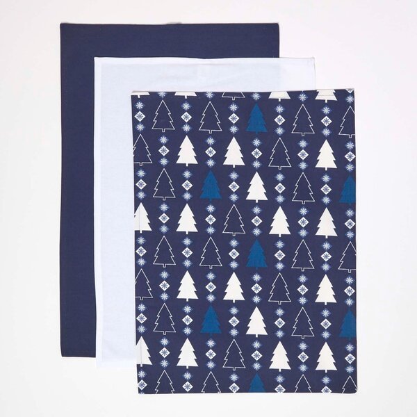 Homescapes Set of 3 Blue Tea Towels Cotton Christmas Tree Design