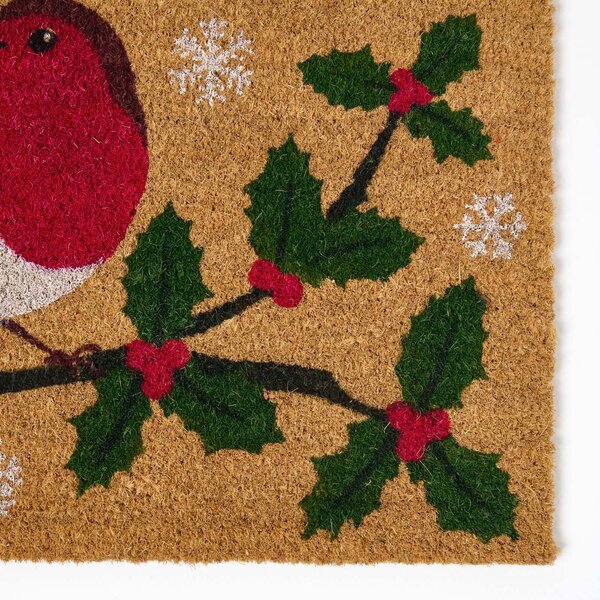 Homescapes Coir Doormat Christmas Robin, 40 x 60 cm