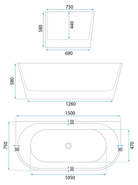 Wall acrylic bath CAPRI 150cm