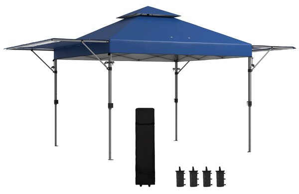 Outsunny 5 x 3(m) Pop Up Gazebo with Extend Dual Awnings, 1 Person Easy up Marquee Party Tent with 1-Button Push, Double Roof, Wheeled Bag, Sandbags, Height Adjustable Instant Shelter, Blue