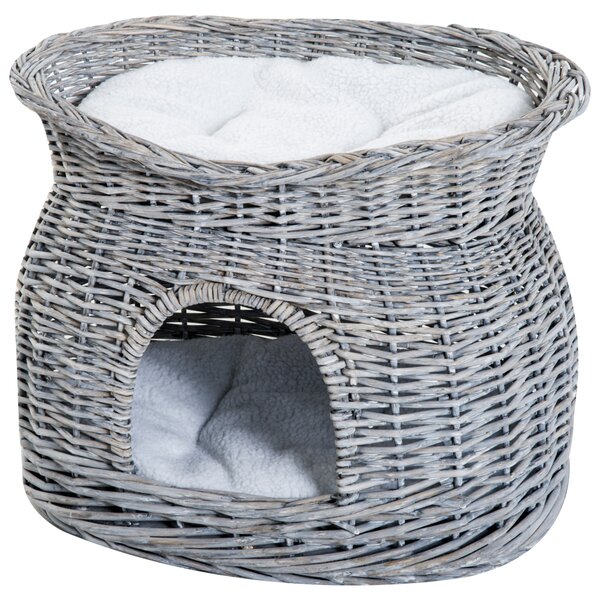 PawHut Wicker Cat House, 2-Tier Elevated Pet Bed Basket, Willow Kitten Tower with Washable Cushions, 56x37x40cm, Grey