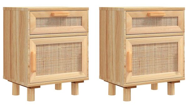 Bedside Cabinets 2 pcs Brown Solid Wood Pine and Natural Rattan