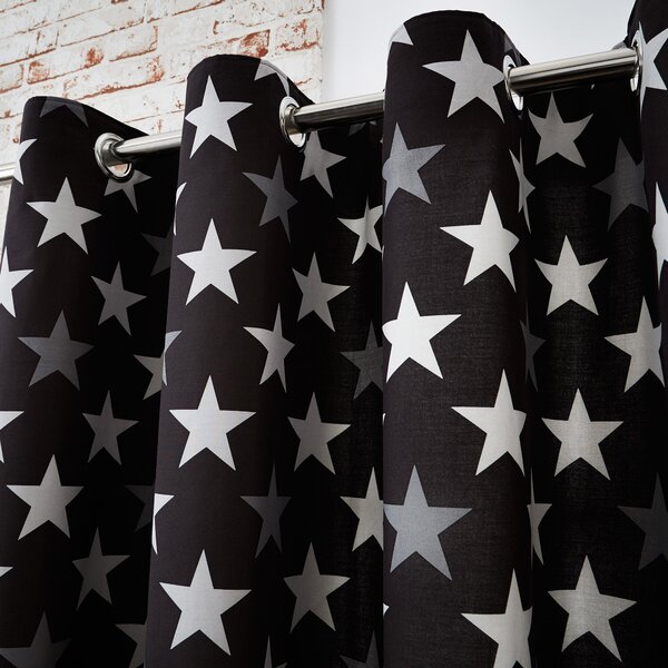 Stars Black Blackout Eyelet Curtains Black and White