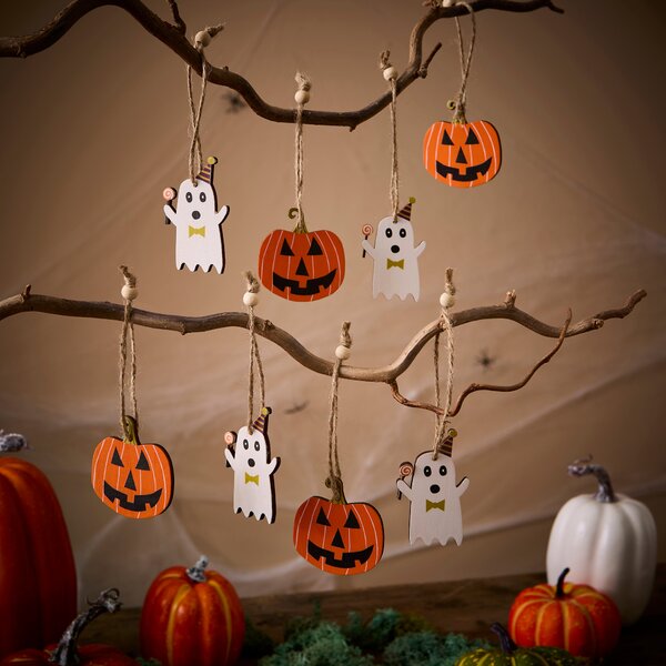 Set of 8 Halloween Wooden Hanging Characters MultiColoured