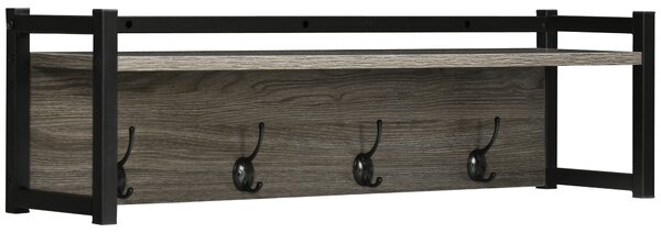 HOMCOM Coat Rack Wall-Mounted with 4 Coat Hooks and Open Storage Shelf, Versatile Floating Hanging Shelf, Key Holder for Entryway, Mudroom, Grey