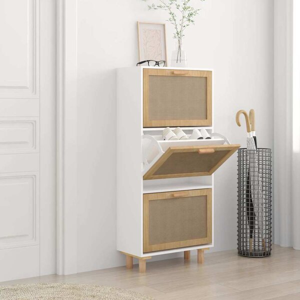 Shoe Cabinet White 52x25x115 cm Engineered Wood&Natural Rattan