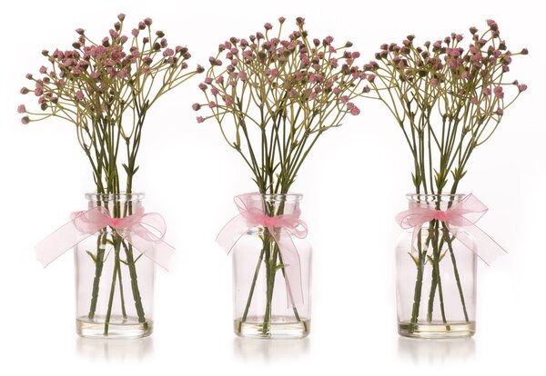 Set of 3 Artificial Gypsophila Bundles in Glass Bottle Vases Pink