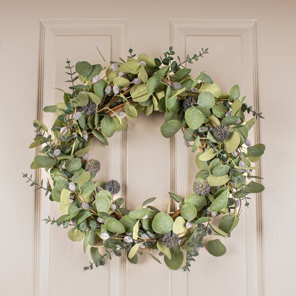 Artificial Eucalyptus and Pussy Willow Wreath Green