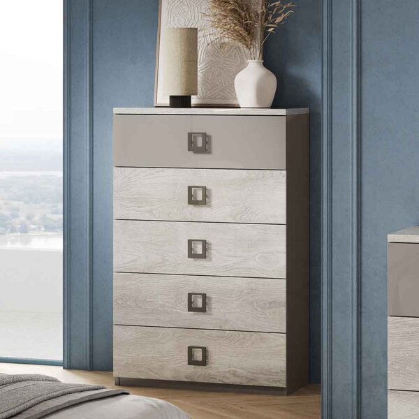 Lana High Gloss Chest of 5 Drawers in Grey and Oak