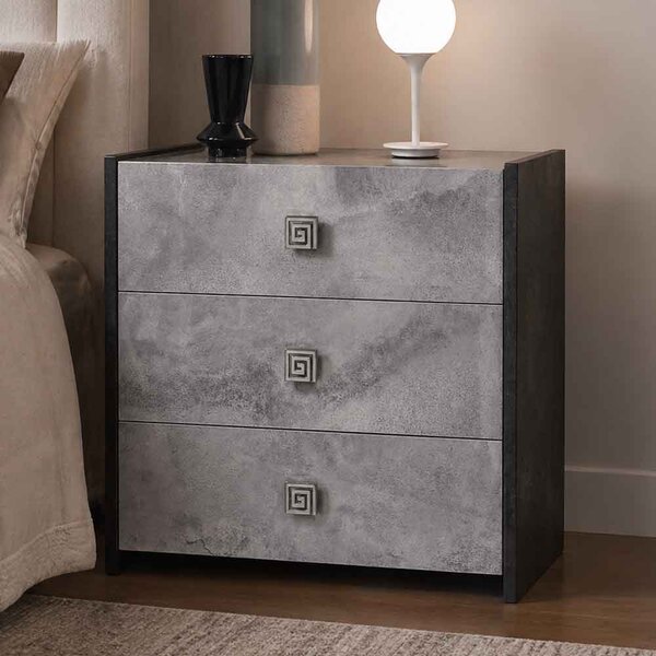 Delora High Gloss Bedside Cabinet with 3 Drawers in Grey Stone Effect