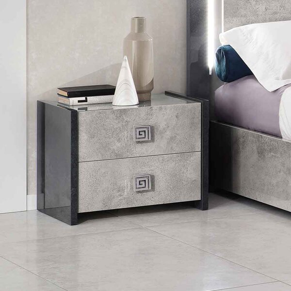 Delora High Gloss Bedside Cabinet with 2 Drawers in Grey Stone Effect