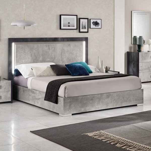 Delora High Gloss Double Bed in Grey Stone Effect and LED