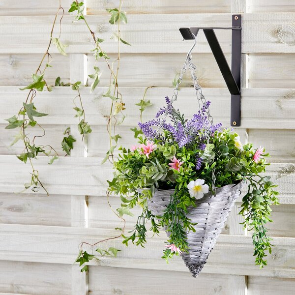 Artificial Floral Grey Hanging Basket Green, Grey and Purple