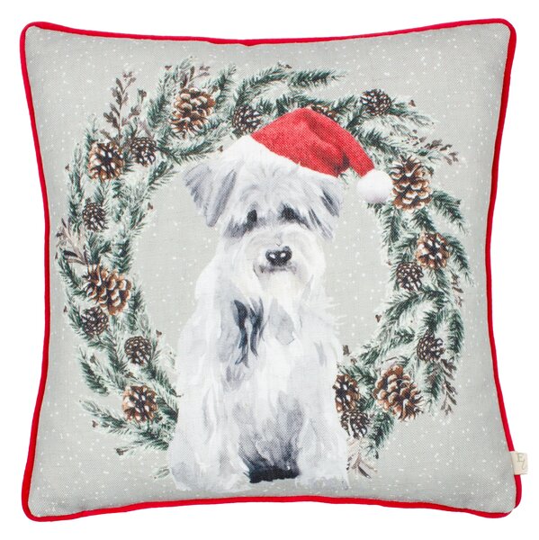 Evans Lichfield Christmas Dog Wreath Velvet Piped 43cm x 43cm Filled Cushion Multi