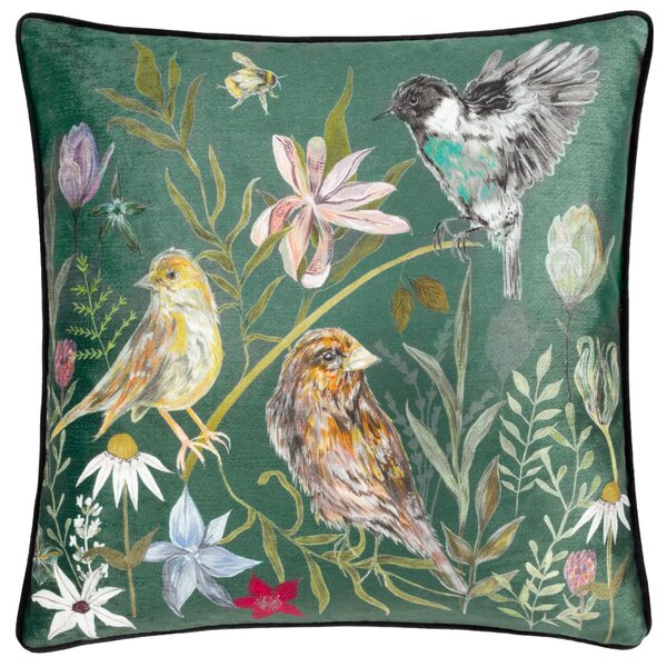 Meadow Bloom Birds Chenille Piped 43cm x 43cm Filled Cushion Teal