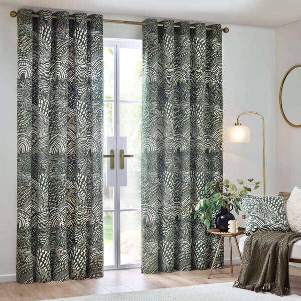 Nola Abstract Ready Made Eyelet Curtains Olive