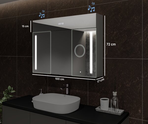 Illuminated cabinet with LED mirror, Emily L02 model - 100 x 72 cm, bathroom cabinet with modern design and lighting switch configuration, in San Marino color
