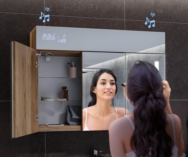 Illuminated cabinet with LED mirror, Emily L02 model - 100 x 72 cm, bathroom cabinet with modern design and lighting switch configuration, in San Marino color