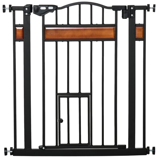 PawHut Dog Gate with Cat Door Pet Safety Gate, Auto Close Double Locking Pine Wood Decoration, for Doorways Stairs Indoor, 74-80 cm Wide, Black
