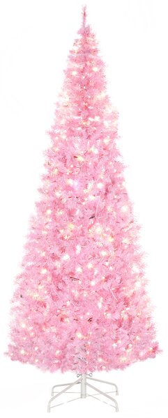 HOMCOM 7' Tall Prelit Pencil Slim Artificial Christmas Tree with Realistic Branches, 350 Warm White LED Lights and 818 Tips, Xmas Decoration, Pink