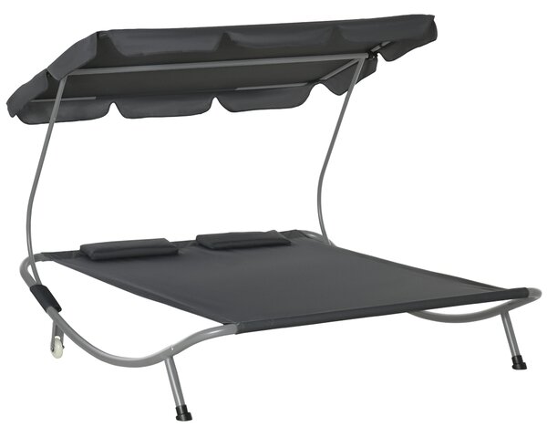 Outsunny Patio Double Hammock Sun Lounger Bed w/ Canopy Shelter, Wheels & 2 Pillows, Grey