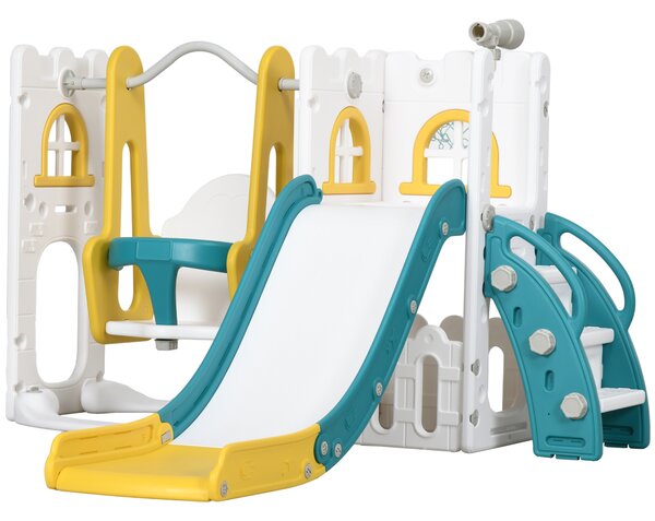 AIYAPLAY 6-in-1 Swing and Slide Set, Kids Playground with Basketball Hoop, Telescope, Storage Space - Yellow