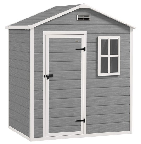 Outsunny 6 x 4ft Outdoor Shed with Foundation, Lockable Door, Vents, Windows, Plastic Shed for Tool Storage, Grey Aosom UK