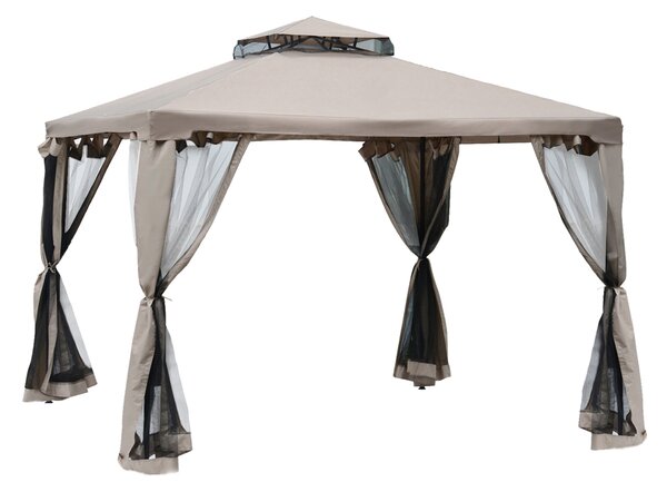 Outsunny Outdoor Garden Gazebo Tent, 2-tier Roof W/Netting, 295L x 295W x 263Hcm-Taupe