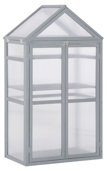 Outsunny 3-Tier Wooden Cold Frame Greenhouse Garden Polycarbonate Grow House w/ Adjustable Shelves, Double Doors, 80 x 47 x 138cm, Grey