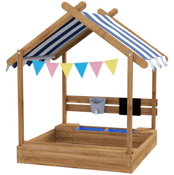 Outsunny Wooden Sandbox with Canopy House Design Brown Aosom UK