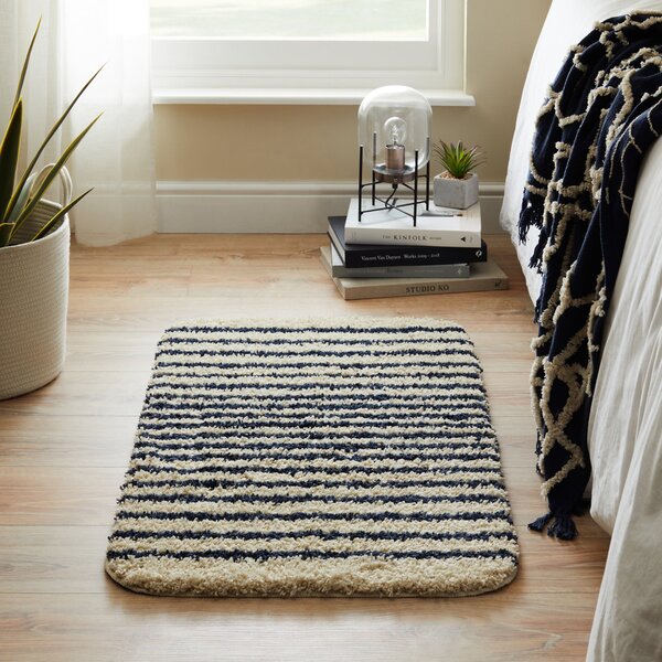 Recycled Washable Navy Shaggy Stripe Doormat Navy