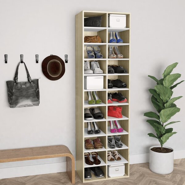 Shoe Cabinet White and Sonoma Oak 54x34x183 cm Engineered Wood