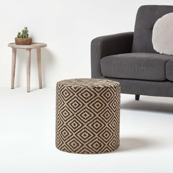 Jute Round Pouffe Black and Off-White Herringbone Pattern, 40 x 40 x 42 cm