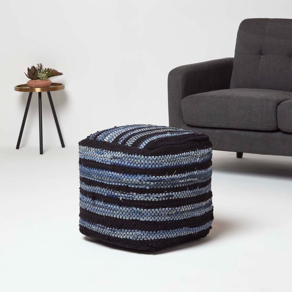 Texas Leather & Denim Woven Striped Bean Filled Pouffe, 40 cm