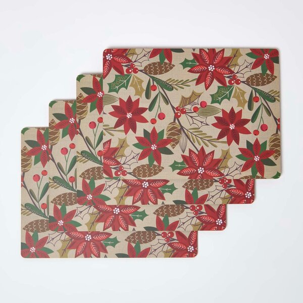 Homescapes Set of 4 Christmas Placemats and Coasters with Red Poinsettia Design