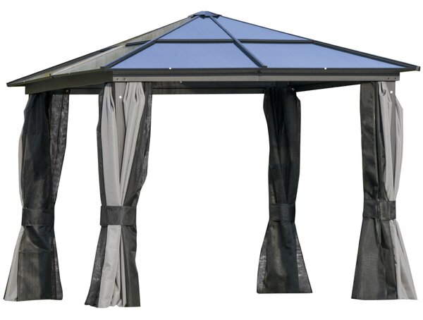 Outsunny 3 x 3(m) Hardtop Gazebo with UV Resistant Polycarbonate Roof & Aluminium Frame, Garden Pavilion with Mosquito Netting and Curtains