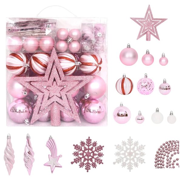 65 Piece Christmas Bauble Set Pink/Red/White