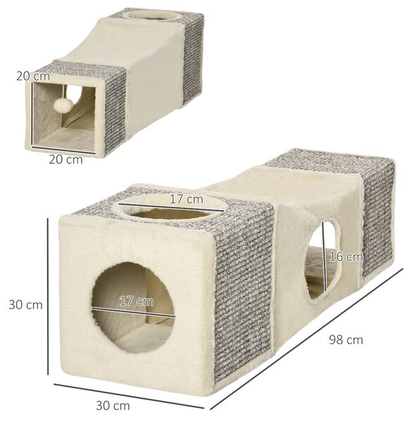 PawHut Cat Tunnel, Plush Large Play Tunnel with Two Caves and Hanging Ball, Cream White