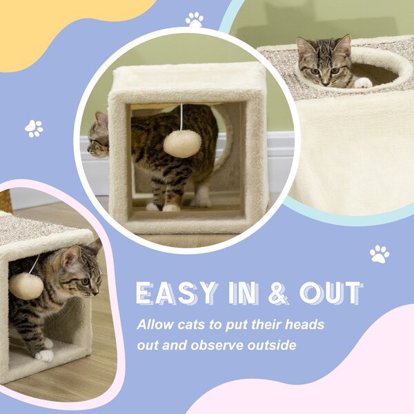 PawHut Cat Tunnel, Plush Large Play Tunnel with Two Caves and Hanging Ball, Cream White