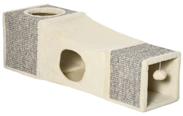 PawHut Cat Tunnel, Plush Large Play Tunnel with Two Caves and Hanging Ball, Cream White