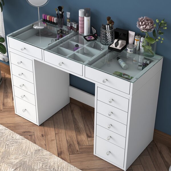 Belara Glass Top Dressing Table With 13 Drawers In White