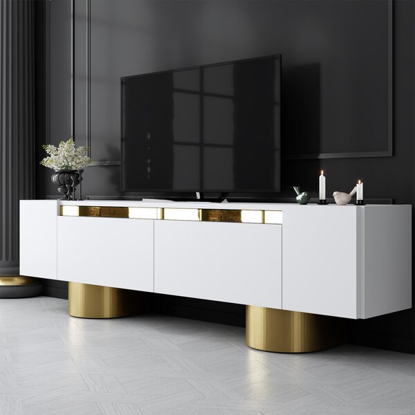 Boheme Wooden TV Stand With 2 Flap Doors In White And Gold