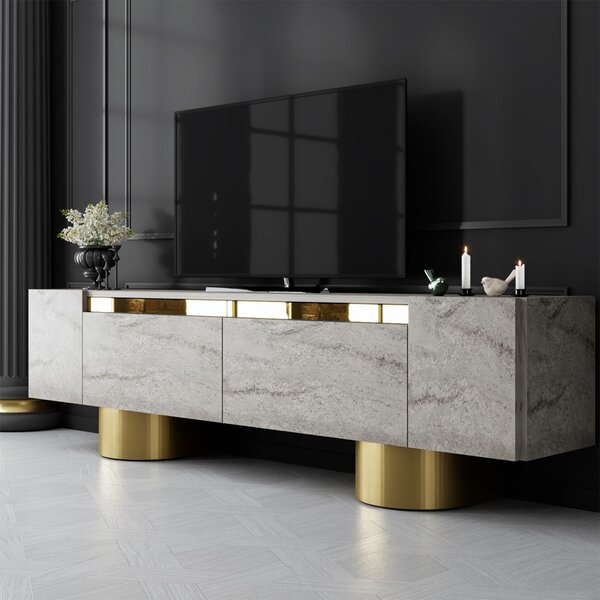 Boheme Wooden TV Stand With 2 Flap Doors In Travertine Marble Effect And Gold