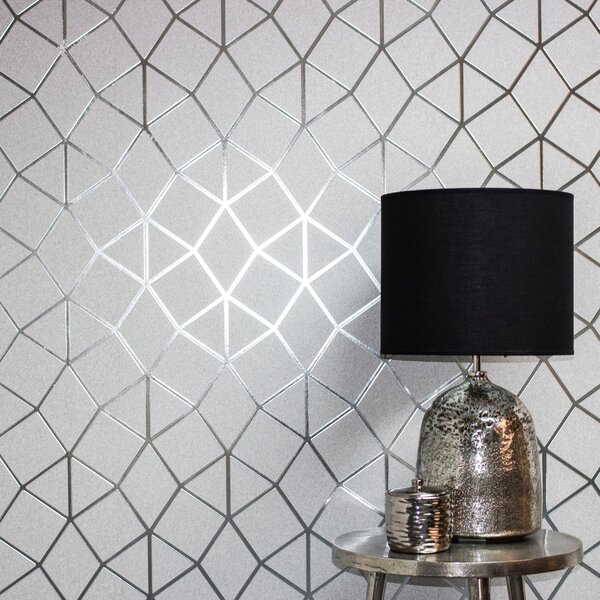 Platinum Silver Geo Trellis Vinyl Wallpaper Silver