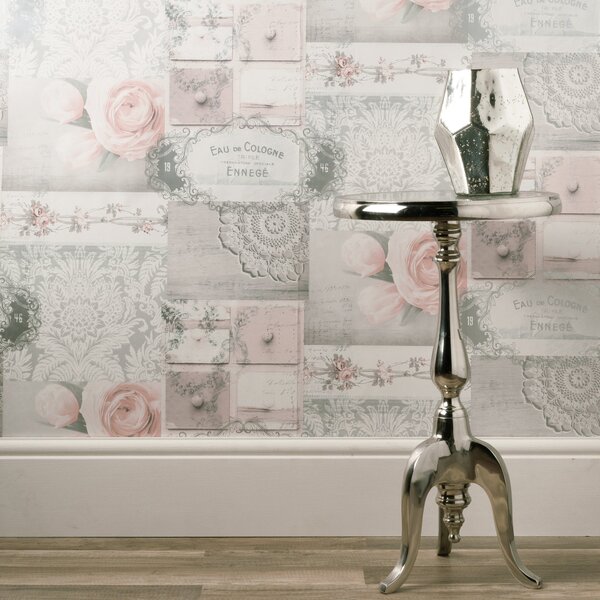 Ophelia Decoupage Blush Wallpaper Blush, Grey and White