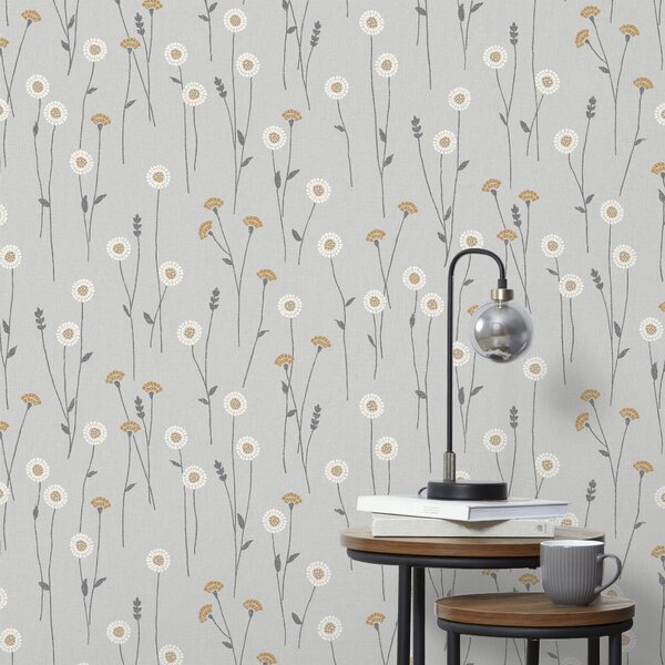 Scandi Floral Wallpaper Yellow, Grey and White