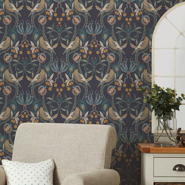 Havisham Navy Wallpaper Navy Blue and Brown