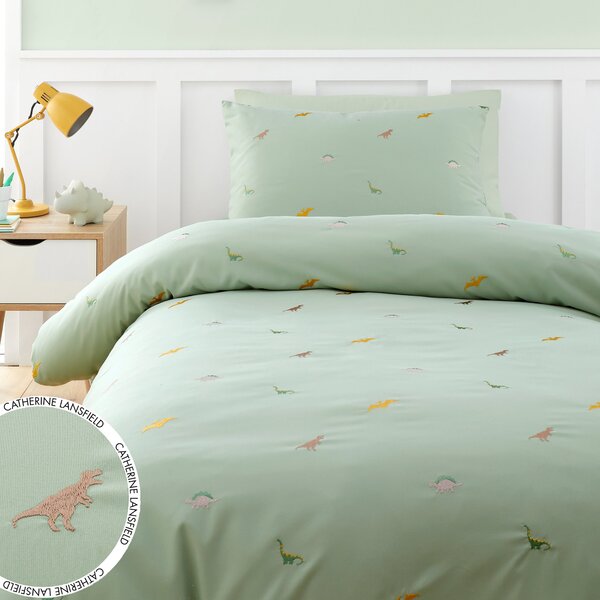 Catherine Lansfield Embroidered Dino Green Microfibre Duvet Cover and Pillowcase Set Green