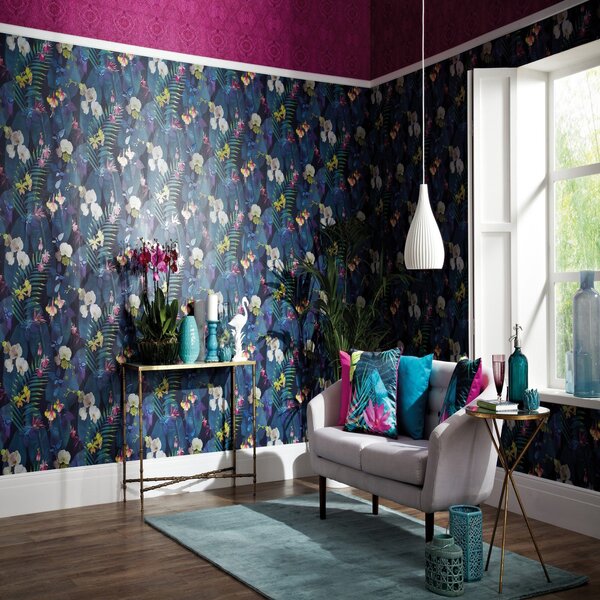 Pindorma Floral Navy Wallpaper Navy, Green and Purple